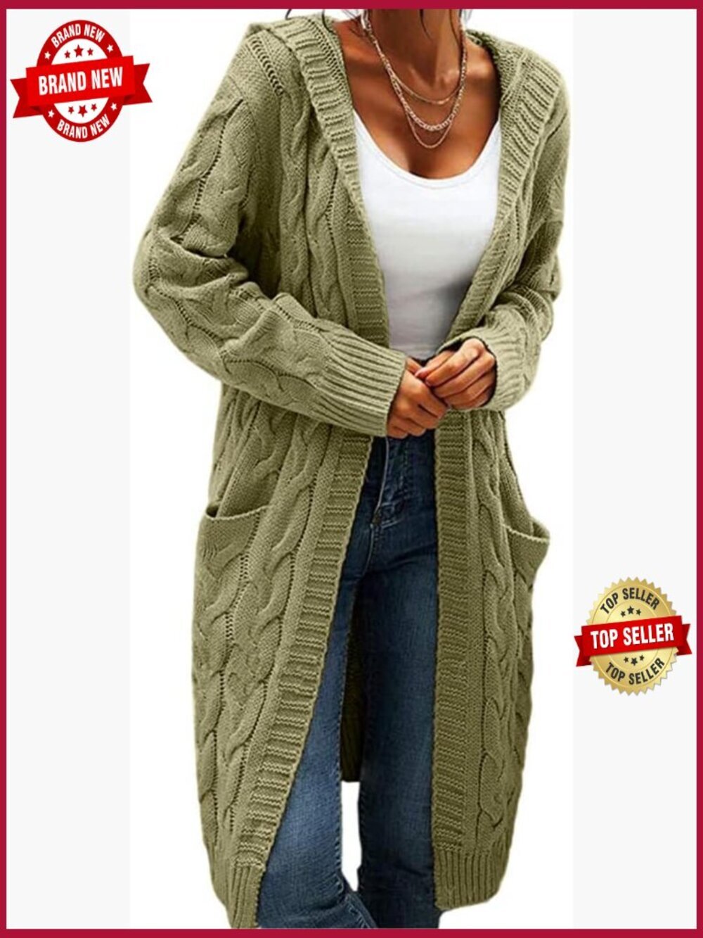 Women Hooded Open Front Cardigan Cable Knit Chunky Long Sweater Coat with